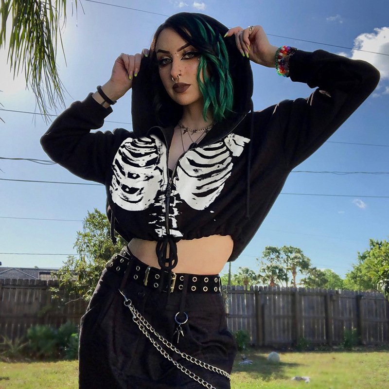 Pārrobežu Amazon Halloween Punk Fashion Sternum Printing kapuci vidukļa īss sviedru smieklīgs plāns virsējais krekls