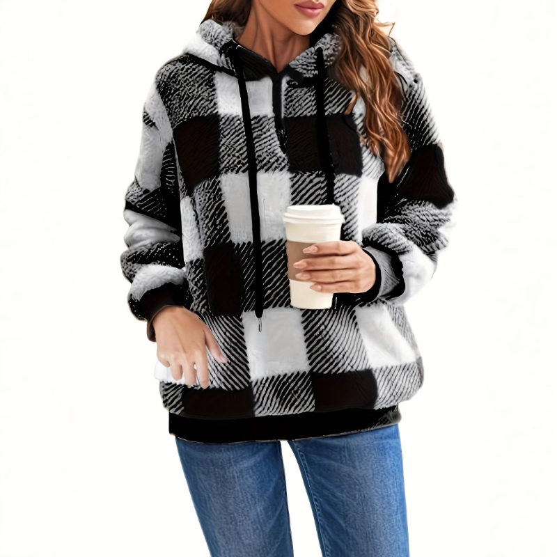 Amazon prekogranična europska i američka vanjska trgovina jesenski i zimski dugi rukav s kapuljačom, karirani plišani ženski pulover s plišanim kaputom