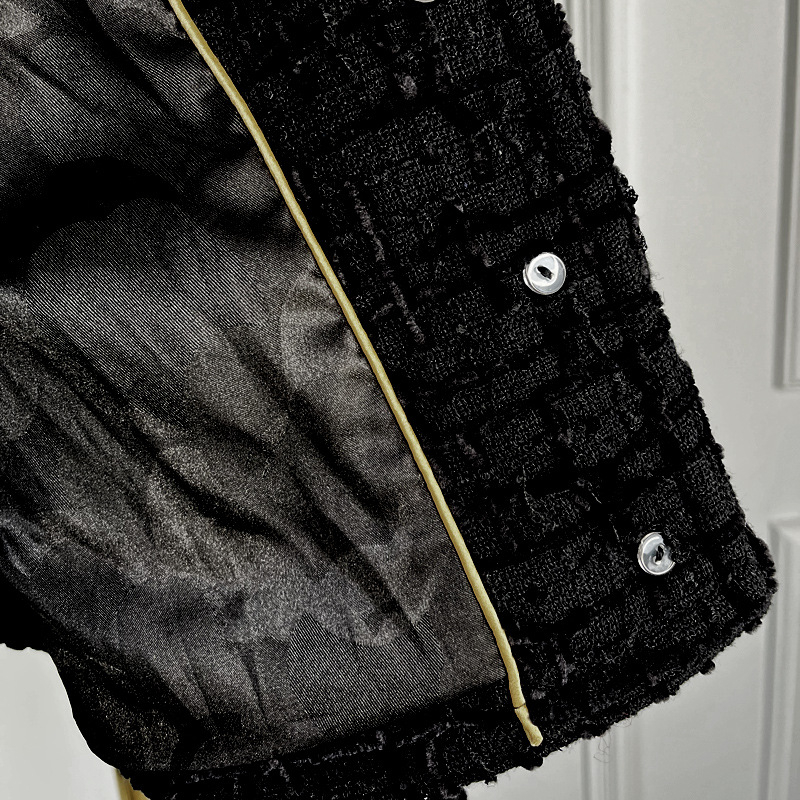 Jachetă scurtă neagră din tweed, în stil francez, cu design exclusivist, model nou 2025, de la Shen Mengchen