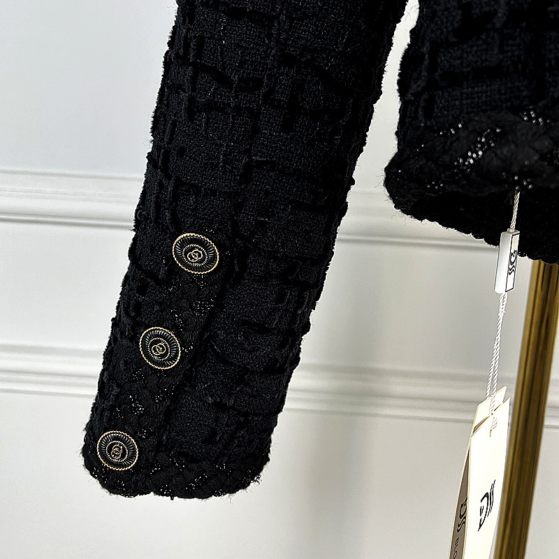 Jachetă scurtă neagră din tweed, în stil francez, cu design exclusivist, model nou 2025, de la Shen Mengchen