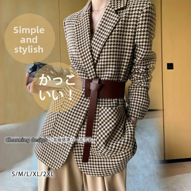 „Houndstooth“ vilnonis kostiuminis švarkas moterims, trumpas rudens ir žiemos japoniškas ir korėjietiškas naujas elegantiškas languotas vilnonis paltas moterims