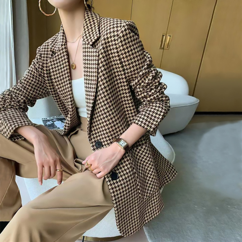 Ženski kratki jesenski i zimski vuneni kaput s uzorkom pepite, novi japanski i korejski, elegantni karirani vuneni kaput za žene