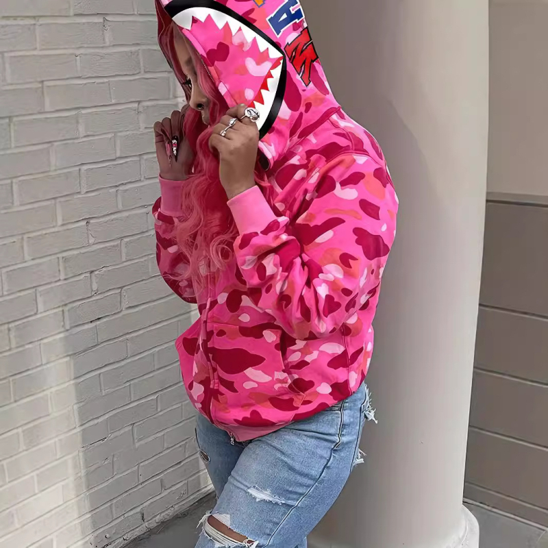 Gyári egyenes haj őszi és téli új 2024 európai és amerikai határokon átnyúló divatos márka cápamajom fej álcázás klasszikus pulóver cipzáras kapucnis pulóver