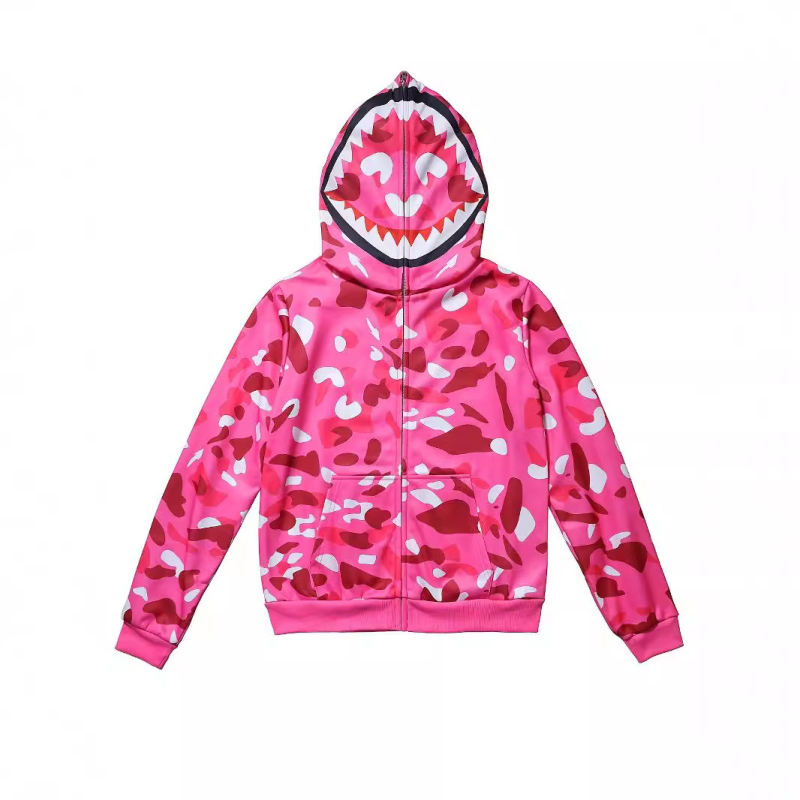 Gyári egyenes haj őszi és téli új 2024 európai és amerikai határokon átnyúló divatos márka cápamajom fej álcázás klasszikus pulóver cipzáras kapucnis pulóver