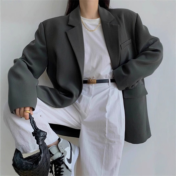 Γκρι Γυναικείο Κοστούμι με Σακάκι, Άνοιξη/Φθινόπωρο, Λεπτό Σχεδιασμό, Μικρό, Δημόσιο, Βαμβακερό, Oversize, Χαλαρό, Casual, Μπλέιζερ