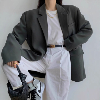 Γκρι Γυναικείο Κοστούμι με Σακάκι, Άνοιξη/Φθινόπωρο, Λεπτό Σχεδιασμό, Μικρό, Δημόσιο, Βαμβακερό, Oversize, Χαλαρό, Casual, Μπλέιζερ