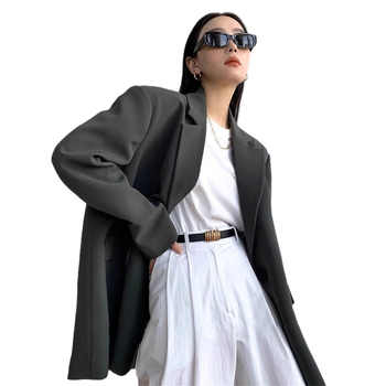 Γκρι Γυναικείο Κοστούμι με Σακάκι, Άνοιξη/Φθινόπωρο, Λεπτό Σχεδιασμό, Μικρό, Δημόσιο, Βαμβακερό, Oversize, Χαλαρό, Casual, Μπλέιζερ