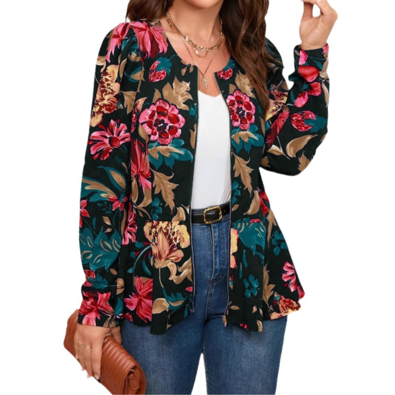 Amazoni Euroopa ja Ameerika piiriülene crewneck-tõmblukuga lilleprindiga daamide elegantne ülikonnajakk