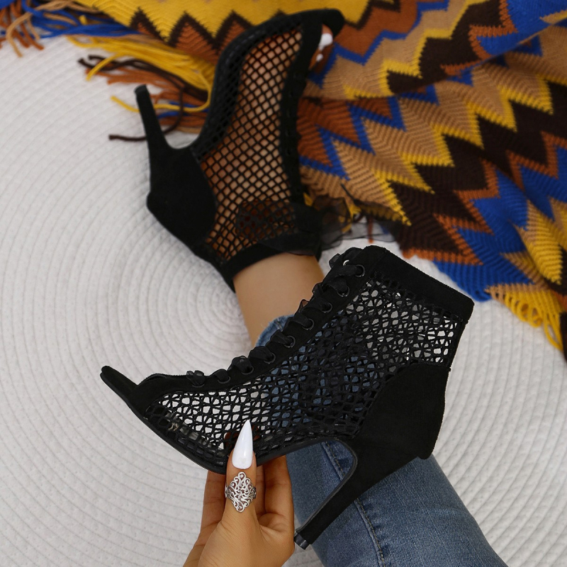 Plus size Külkereskedelmi 2025 Divatos Szandálok Szexi Hálós Üreges Szandálok Fűzős Fishmouth Magassarkú Party