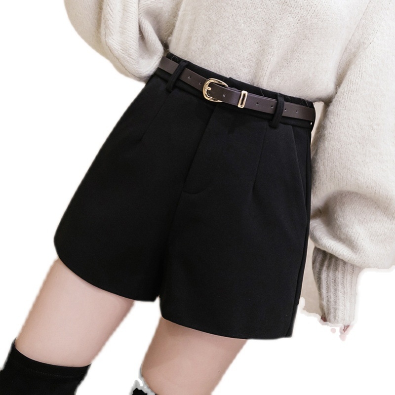 Fekete gyapjú kosztüm rövidnadrág női őszi-téli külső viselet alsó csizmás nadrág divatos magas derekú bő lezser A-vonalú bő szárú nadrág