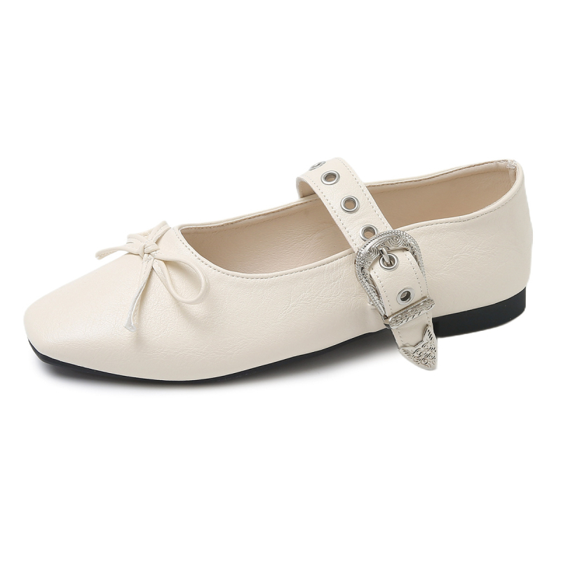 Francia retró, szögletes orrú, tejszerű, plus size, lapos masnival díszített, 2025-ös tavaszi/nyári, egyszavas csatos borsócipő