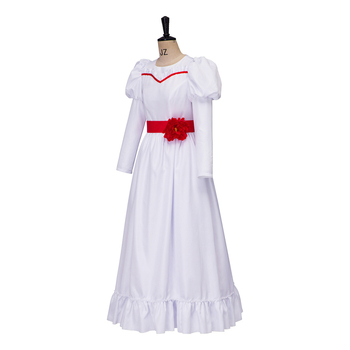 ConjingDoll Annabelle Halloweeni õudusfilmi valge kleidiga Cosplay kostüüm laos sirgete juustega