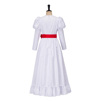 ConjingDoll Annabelle Halloweeni õudusfilmi valge kleidiga Cosplay kostüüm laos sirgete juustega
