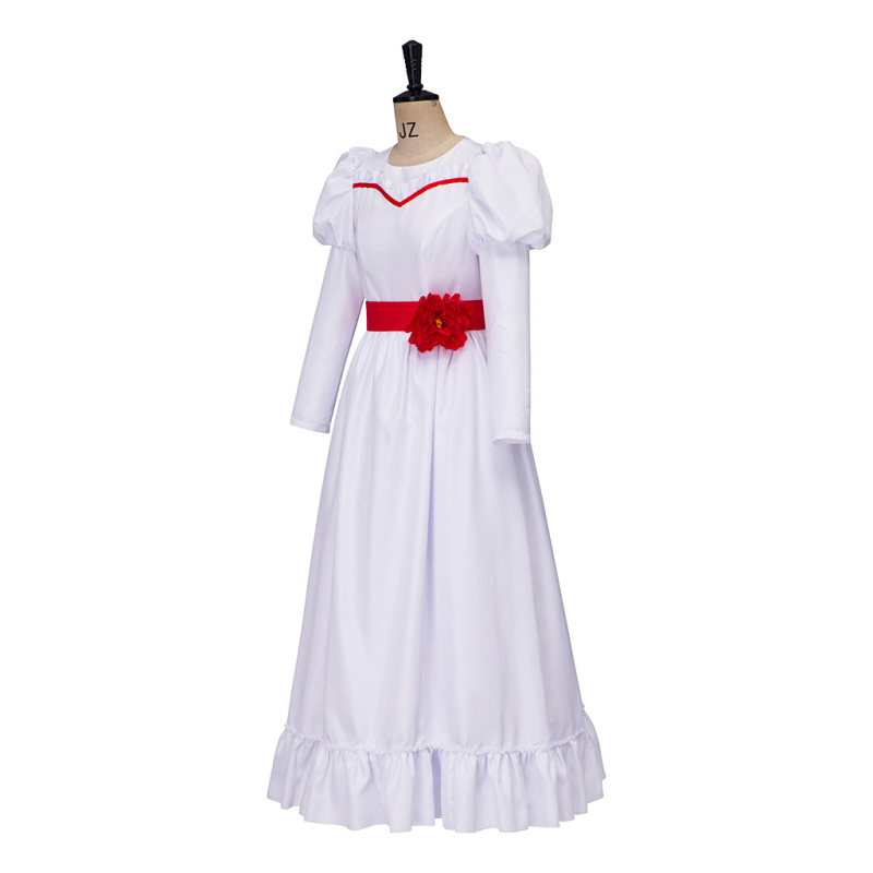 ConjingDoll Annabelle Halloweeni õudusfilmi valge kleidiga Cosplay kostüüm laos sirgete juustega