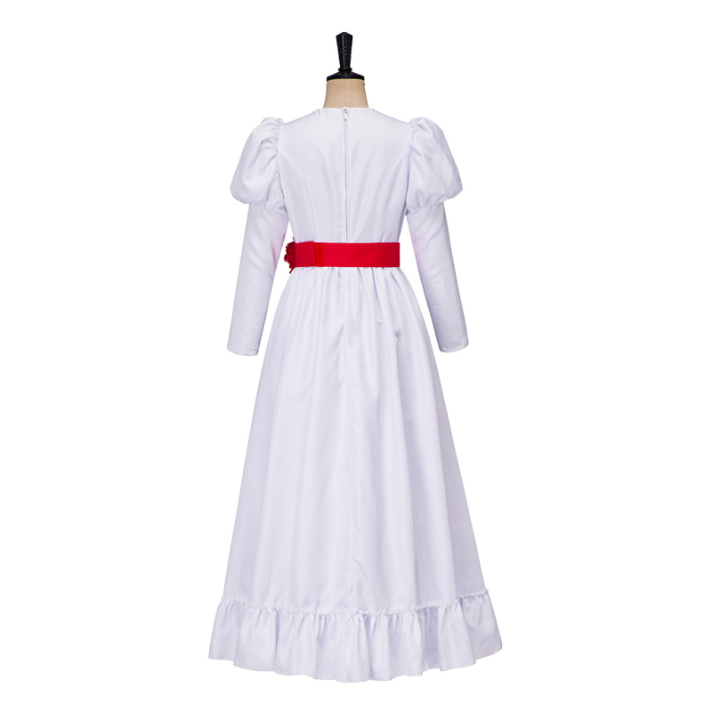 ConjingDoll Annabelle Halloweeni õudusfilmi valge kleidiga Cosplay kostüüm laos sirgete juustega