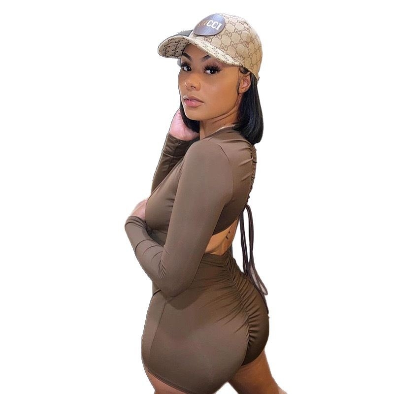 2025 m. europietiškos ir amerikietiškos vasaros moteriškos krūtinės užtrauktuku užsegamos ilgomis rankovėmis, nugaroje klostuotos, seksualios, vienspalvės, vieno ilgio šortai