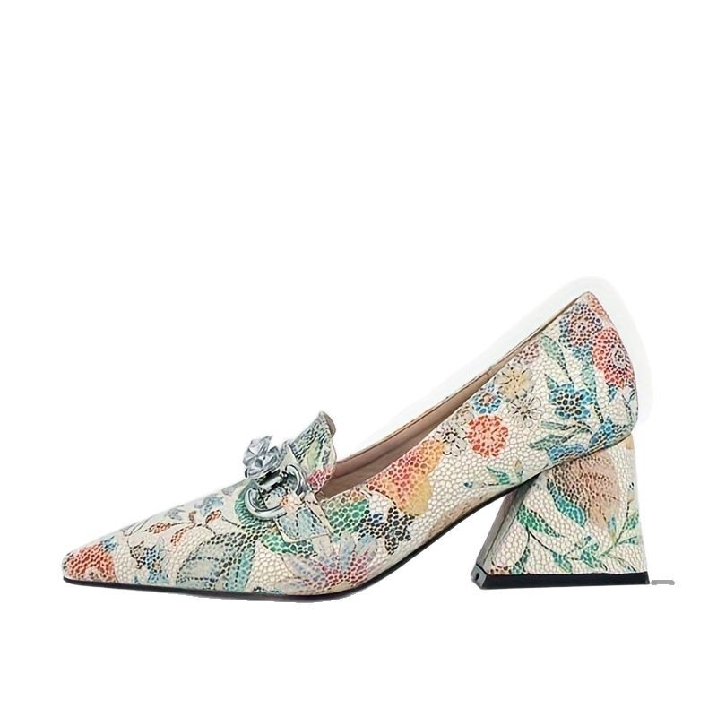 2025. na zalihi, vanjska trgovina, plus size prekogranične europske i američke cipele s debelim potpeticama i špicastim printom, plitke visoke pete