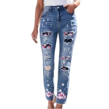 Amazon Europski i američki Nove ženske traperice plus size s poderanim printom Ženske traperice Hlače Žene