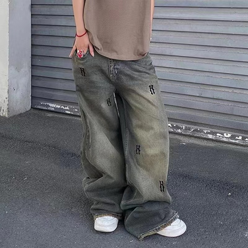 Ljetne široke, jednostavne traperice s iznošenim printom 2023., ulični stil, vruće djevojke, moderne američke ravne ležerne hlače