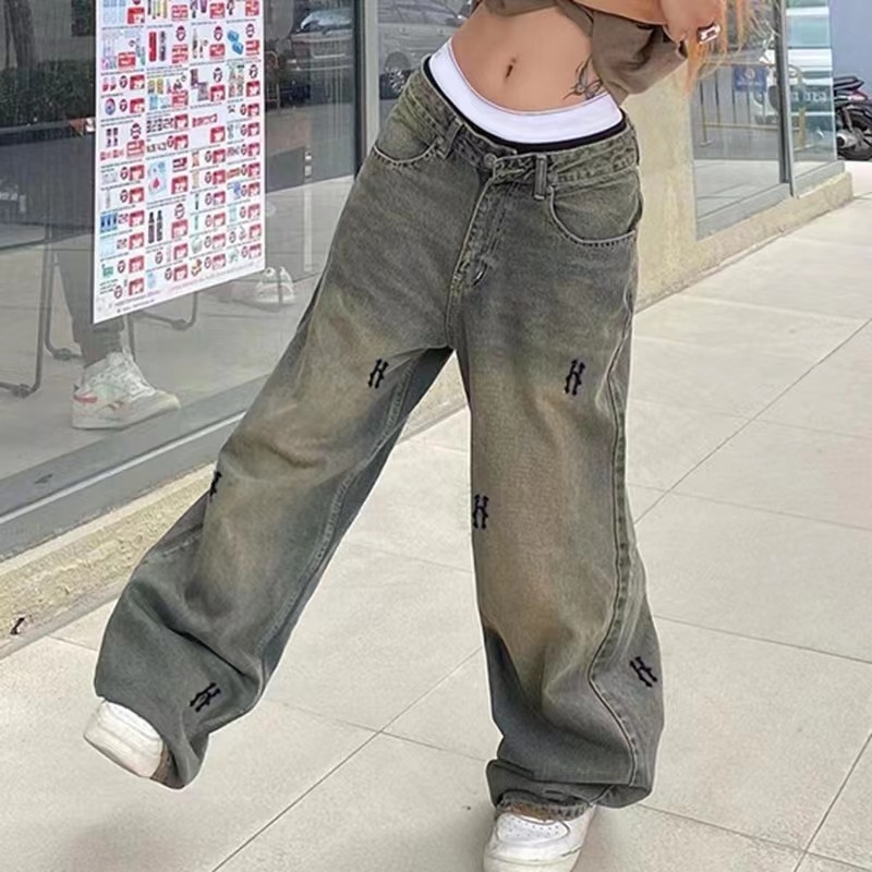 Ljetne široke, jednostavne traperice s iznošenim printom 2023., ulični stil, vruće djevojke, moderne američke ravne ležerne hlače