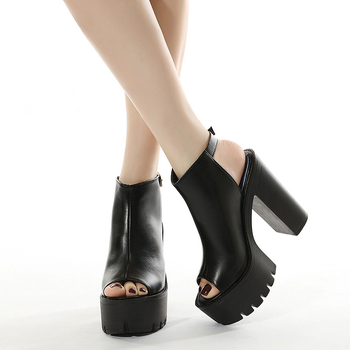 Euroopa ja Ameerika moodne kalasuu paksu kontsaga ülikõrge kontsaga pandlaga naiste suvised Rooma paksu põhjaga mustad kõrged kingad lahedad