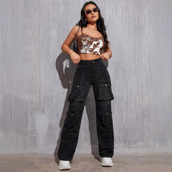 Džinsa augstfrēzes elastīgas amerikāņu ielas stila siksniņas dizaina sajūta modernas ielas hiphopa taisnas instrumentu bikses ar kabatām, 183. modelis