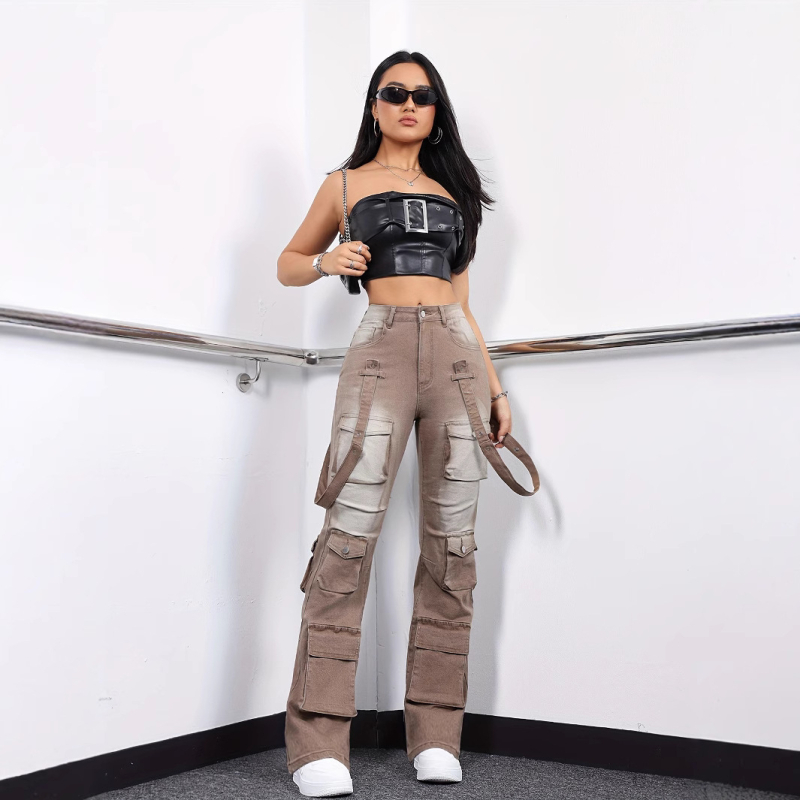 Džinsa augstfrēzes elastīgas amerikāņu ielas stila siksniņas dizaina sajūta modernas ielas hiphopa taisnas instrumentu bikses ar kabatām, 183. modelis