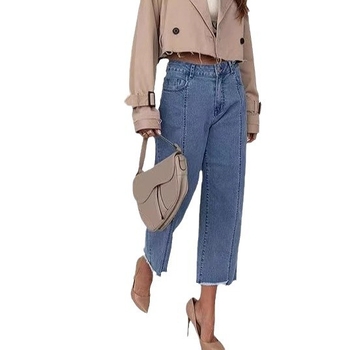 Independent Station Cross-Border naiste toores servaga sirged üheksa punktiga teksad, kõrge vöökohaga õhukesed mitmekülgsed teksad