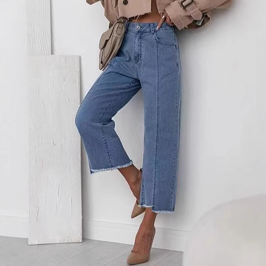 Independent Station Cross-Border naiste toores servaga sirged üheksa punktiga teksad, kõrge vöökohaga õhukesed mitmekülgsed teksad