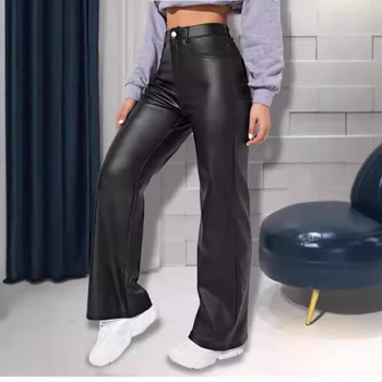 Női nadrágok, európai és amerikai egyenes szárú nadrágok, AliExpress nadrágok, női őszi és téli PU bőr magas derekú, széles szárú nadrágok, lezser nadrágok, női cipzáras nadrágok