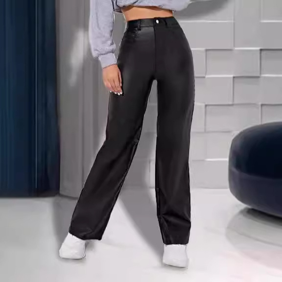 Ženske hlače, europske i američke ravne hlače, AliExpress hlače, ženske jesenske i zimske hlače od PU kože visokog struka i širokih nogavica, ležerne hlače s patentnim zatvaračem