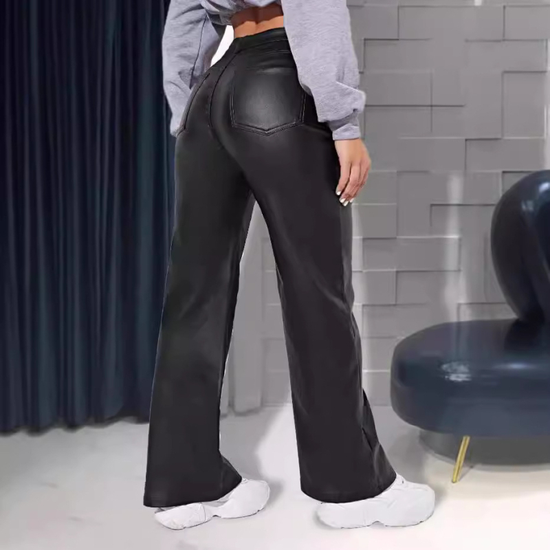 Ženske hlače, europske i američke ravne hlače, AliExpress hlače, ženske jesenske i zimske hlače od PU kože visokog struka i širokih nogavica, ležerne hlače s patentnim zatvaračem