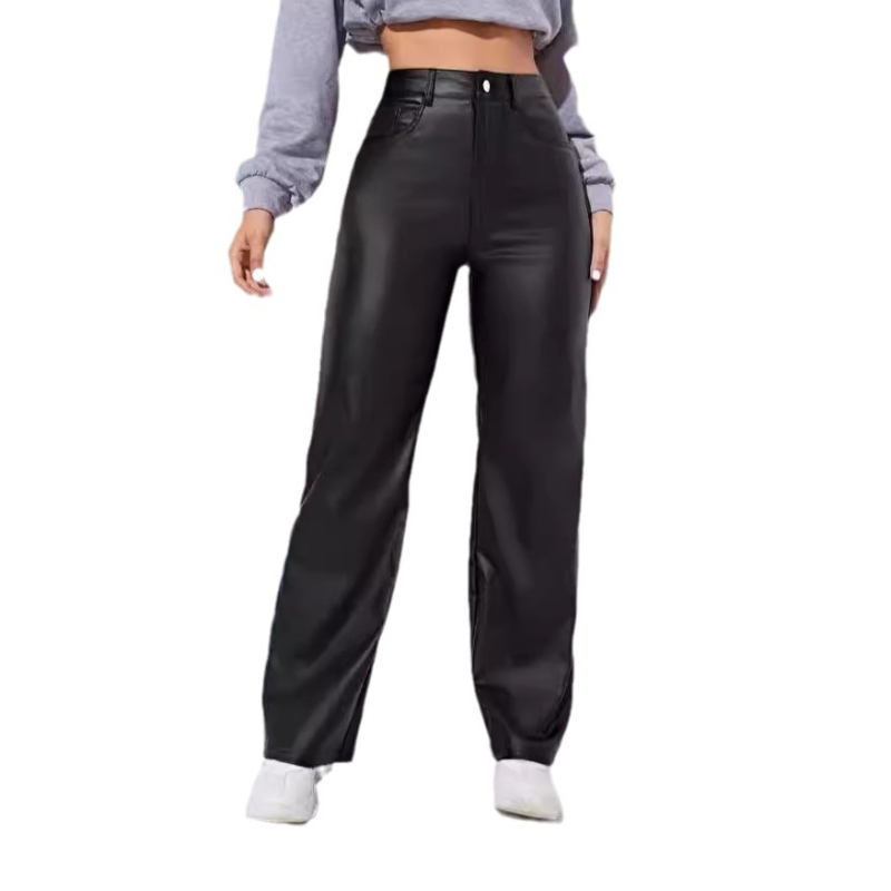 Ženske hlače, europske i američke ravne hlače, AliExpress hlače, ženske jesenske i zimske hlače od PU kože visokog struka i širokih nogavica, ležerne hlače s patentnim zatvaračem