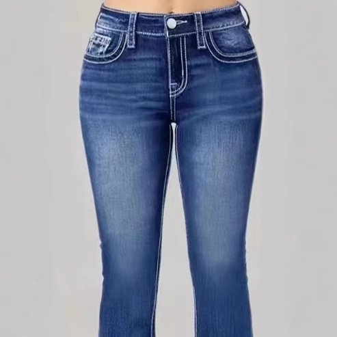 2024-es európai és amerikai külkereskedelmi női ruházati határokon átnyúló Amazon Slim-Fit kék zsebes hímzett magas derekú európai és amerikai stílusú