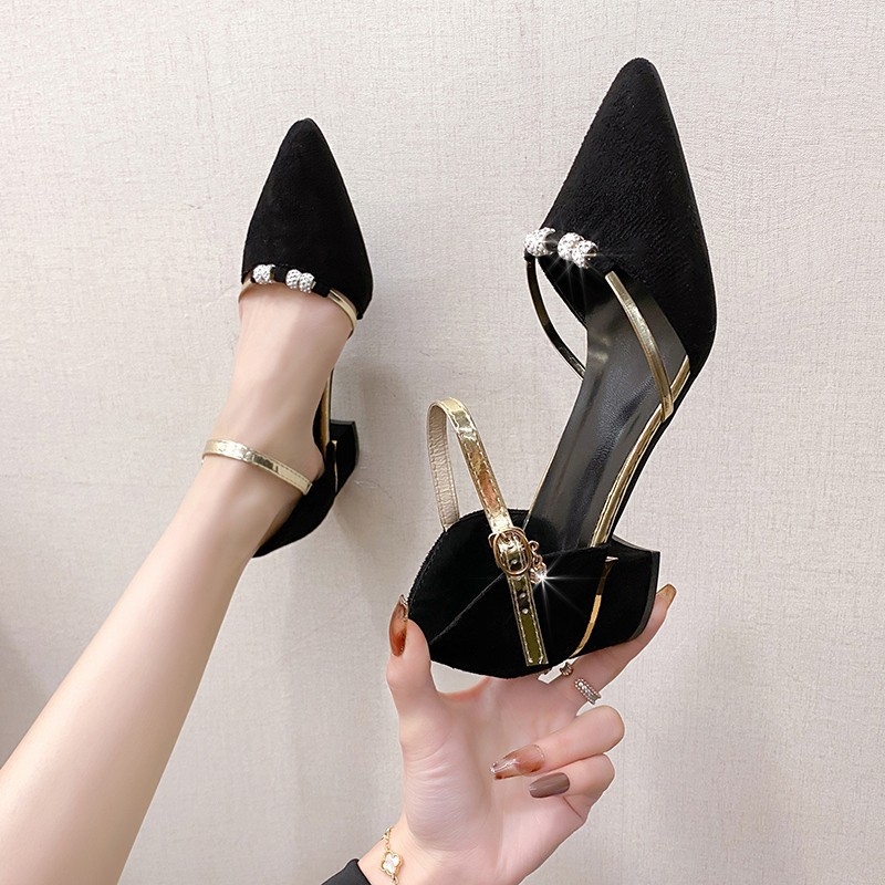 Vieno sluoksnio moteriški bateliai, vidutinio kulno, „Fairy“ 2024 m. pavasario ir vasaros mada, „Bai Match“ vieno žodžio sagtimi, stambiu kulnu, smailūs, vieno sluoksnio bateliai, urmu.