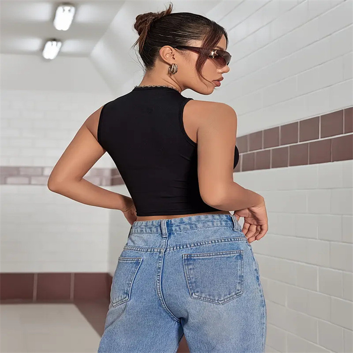 Tarptautinė nauja europietiška ir amerikietiška „Spice Girls“ bambos liemenė su amerikietiška seksualia apvalia kaklo be rankovių marškinėliais su užrašu