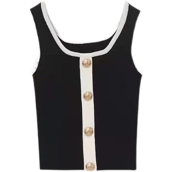 2025 m. vasaros naujas korėjietiško stiliaus mažas kvapnus stilius juodai baltas kontrastingas metalinės sagties berankovis megztas liemenės petnešos moterims