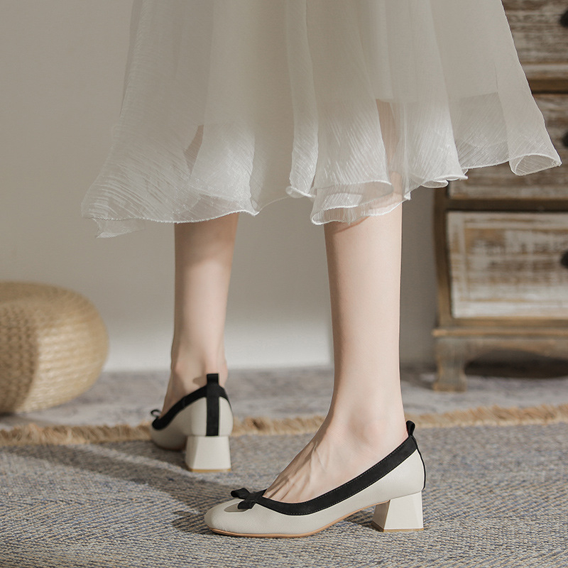 Íjjal díszített Chanel stílusú, középmagas sarkú, egyrétegű női cipők, 2023-as új, bőr, színes blokkos, professzionális munkacipő, koreai stílusú, ingázós női cipők