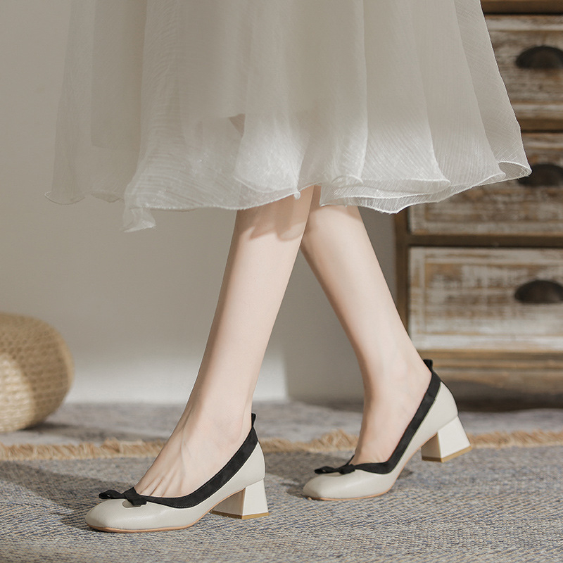 Íjjal díszített Chanel stílusú, középmagas sarkú, egyrétegű női cipők, 2023-as új, bőr, színes blokkos, professzionális munkacipő, koreai stílusú, ingázós női cipők