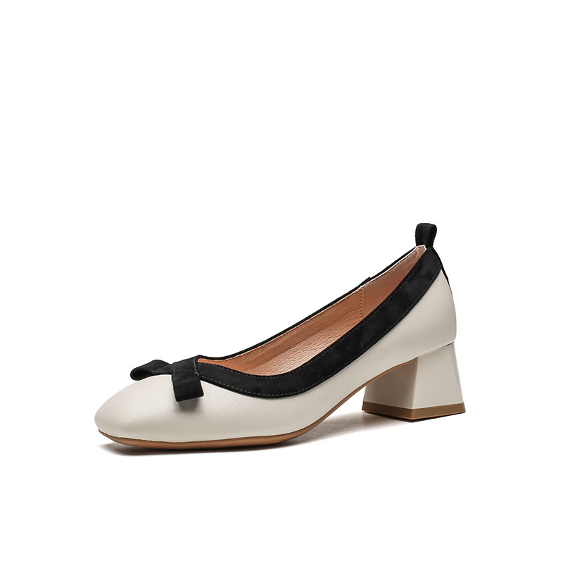 Íjjal díszített Chanel stílusú, középmagas sarkú, egyrétegű női cipők, 2023-as új, bőr, színes blokkos, professzionális munkacipő, koreai stílusú, ingázós női cipők