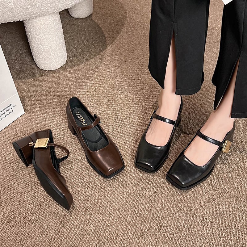 Szögletes orrú, fekete Mary Jane vastag sarok, 2025-ös nyári új, sokoldalú, egyvonalas pántos, elegáns, sekély szájú, nagy méretű lapos cipők nőknek