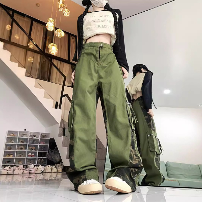 2024 nyári új Spice Girls American Retro Crowdwork nadrág, hamis kétrészes dizájn varrásos álcázó nadrág, egyenes szárú utcai nadrág