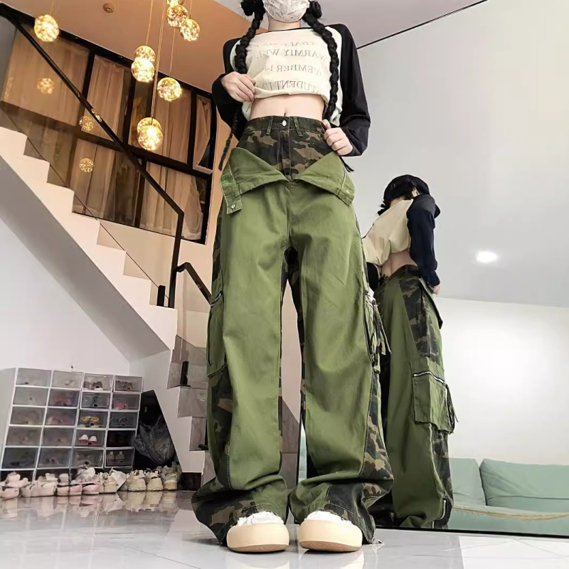 2024 nyári új Spice Girls American Retro Crowdwork nadrág, hamis kétrészes dizájn varrásos álcázó nadrág, egyenes szárú utcai nadrág