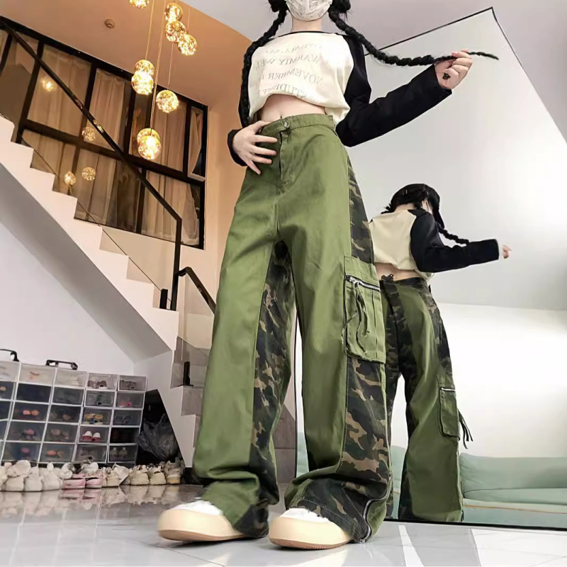 2024 nyári új Spice Girls American Retro Crowdwork nadrág, hamis kétrészes dizájn varrásos álcázó nadrág, egyenes szárú utcai nadrág