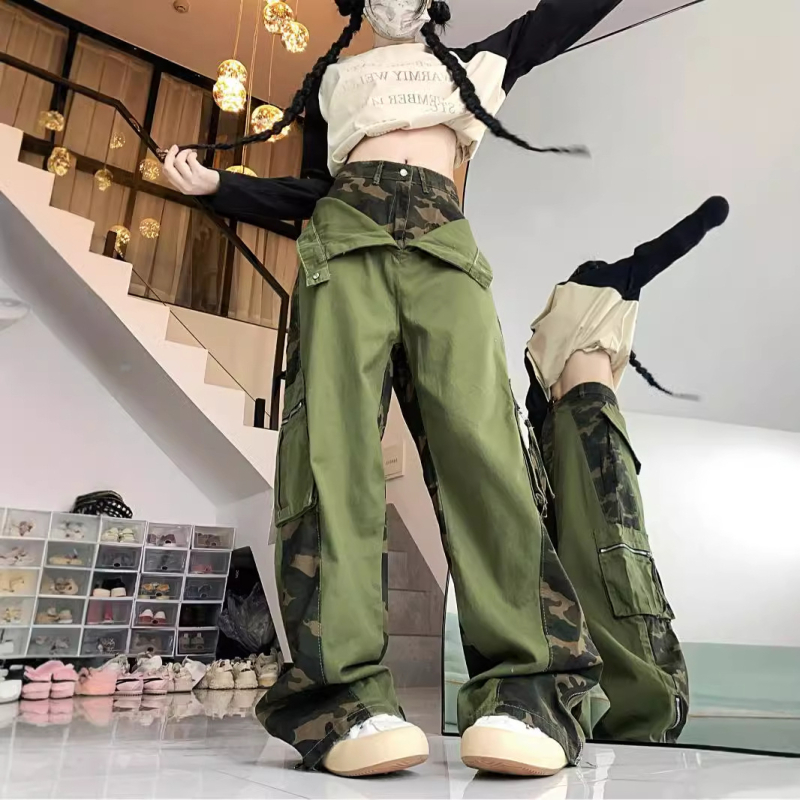 2024 nyári új Spice Girls American Retro Crowdwork nadrág, hamis kétrészes dizájn varrásos álcázó nadrág, egyenes szárú utcai nadrág