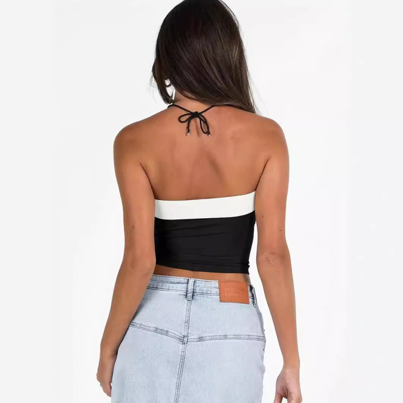 „Amazon Aliexpress“ spalvų derinimo kontrastingos apdailos „Bandeau“ palaidinė, berankoviai marškinėliai be petnešėlių, moteriški drabužiai