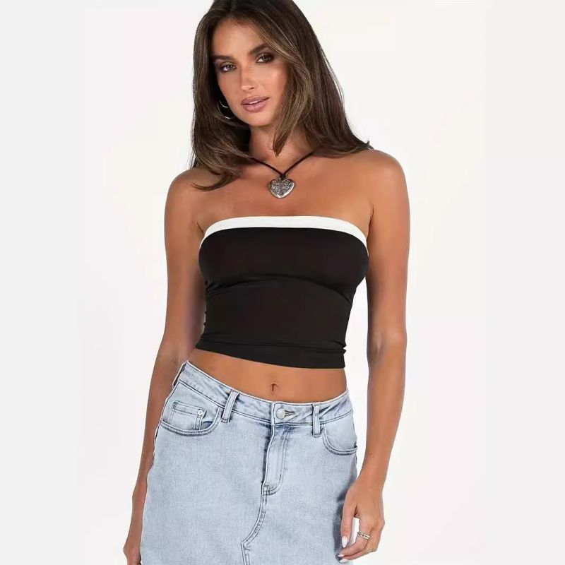 „Amazon Aliexpress“ spalvų derinimo kontrastingos apdailos „Bandeau“ palaidinė, berankoviai marškinėliai be petnešėlių, moteriški drabužiai