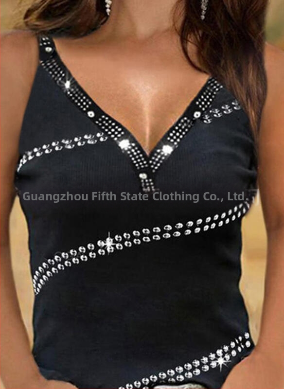 Дамски топове за външна търговия, ежедневни, европейски и американски, трансгранични, плътен цвят, с кристали, пайети, V-образно деколте, без ръкави