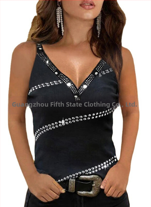 Дамски топове за външна търговия, ежедневни, европейски и американски, трансгранични, плътен цвят, с кристали, пайети, V-образно деколте, без ръкави