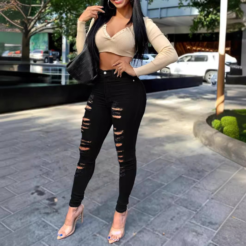 2024-es, határokon átnyúló Amazon Denim szakadt női nadrágok, európai és amerikai új szakadt fekete farmernadrág nőknek.